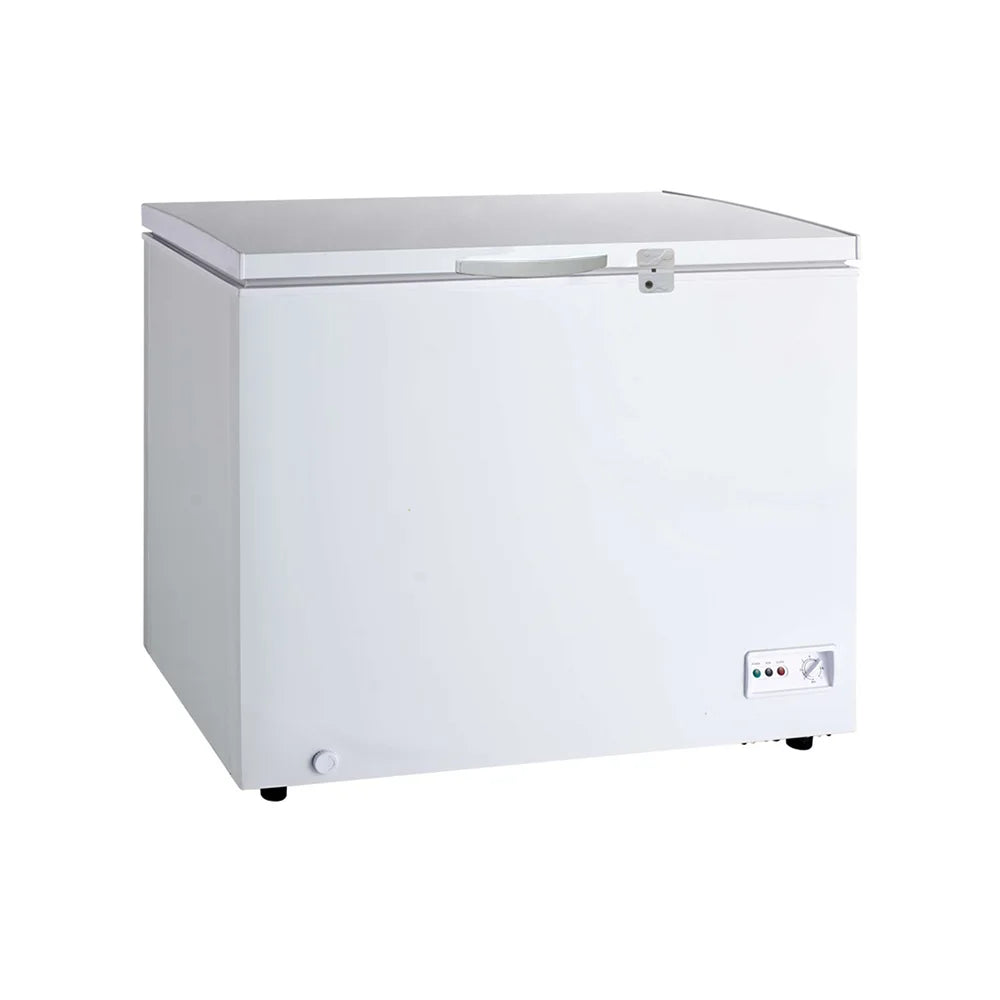 Omcan white solid-door chest freezer.