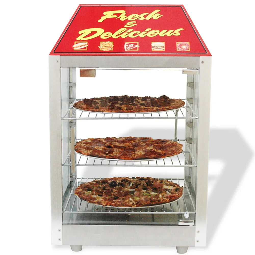 Pizza display case with 'Fresh & Delicious' sign and three pizzas inside.