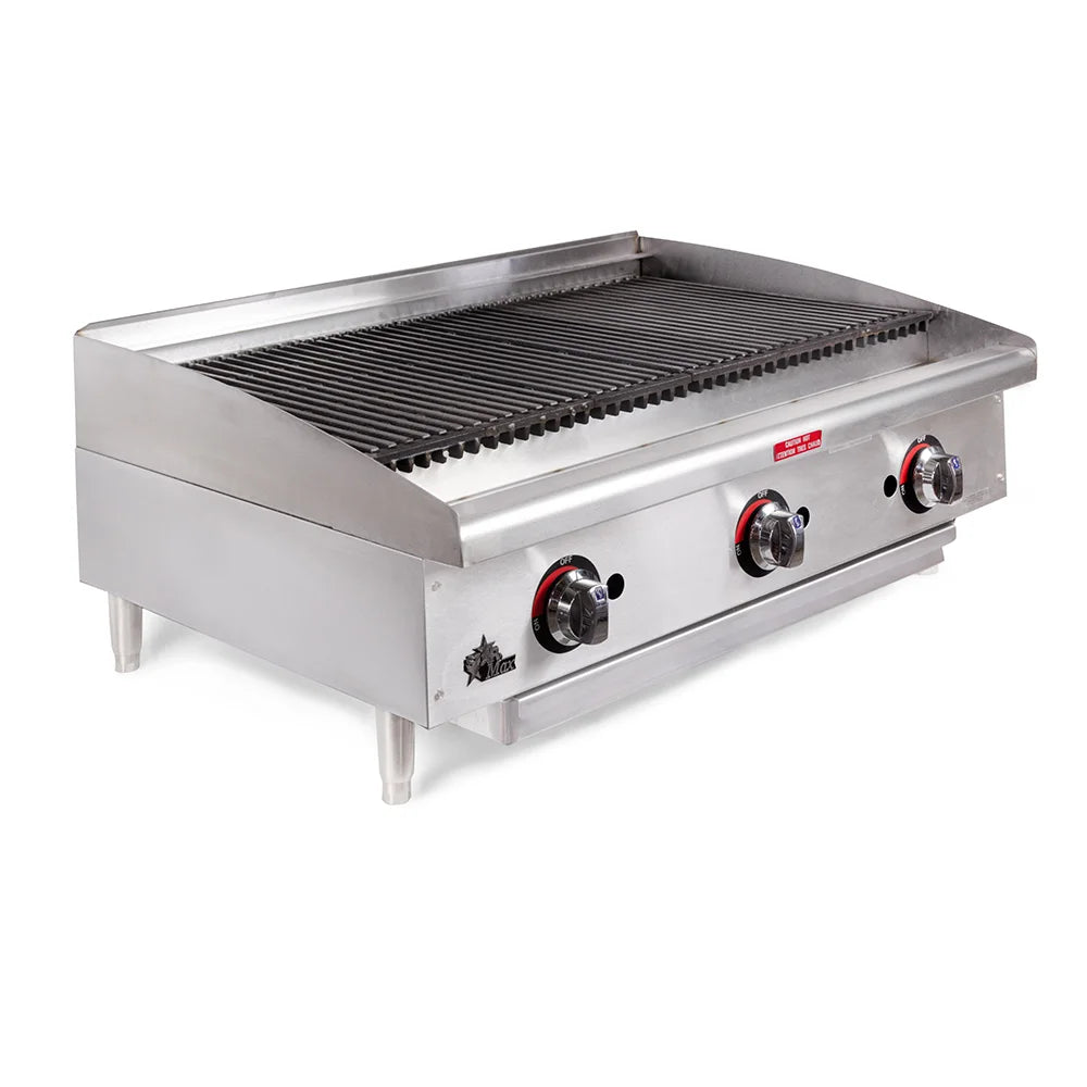 Stainless steel griddle with three control knobs on a white background