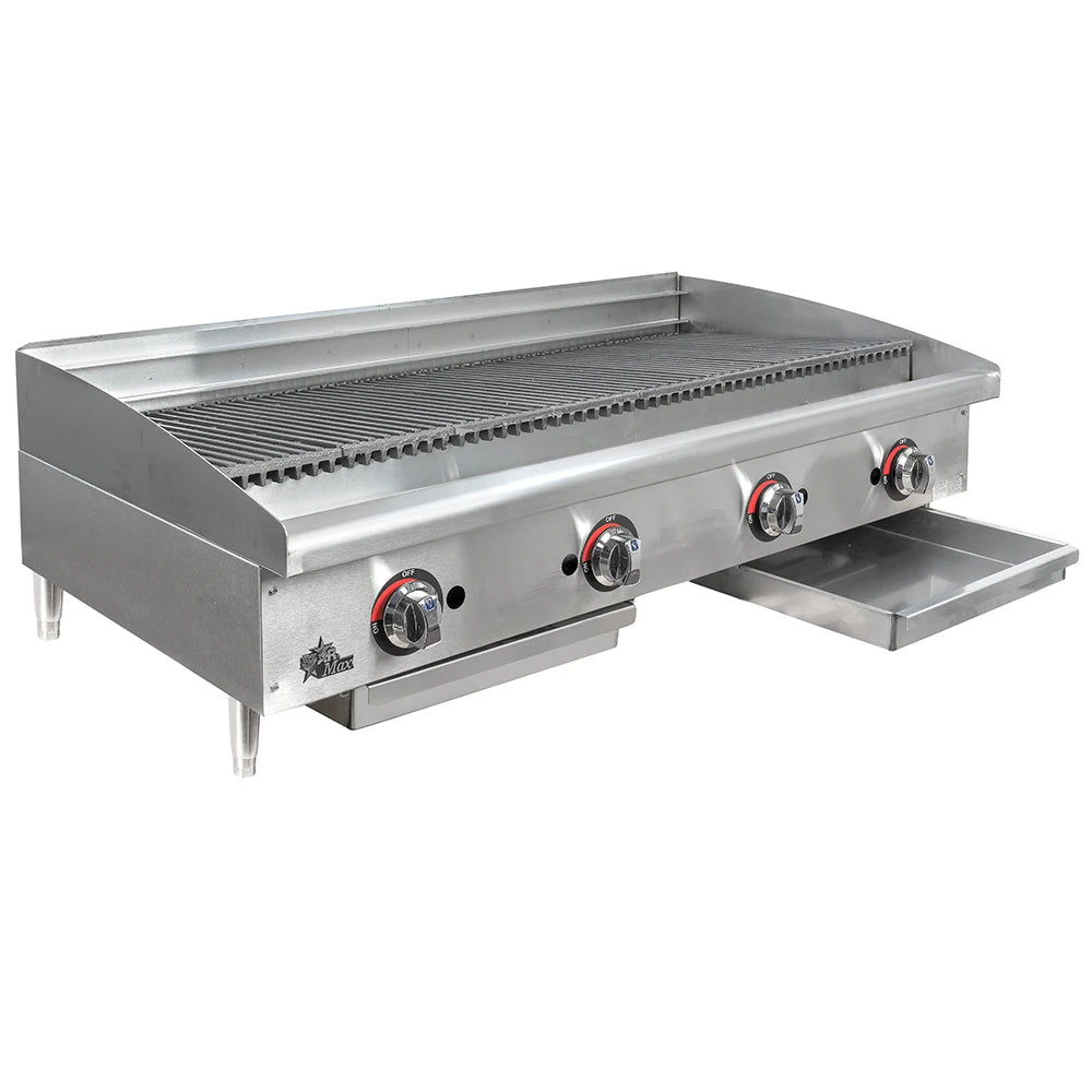 Stainless steel griddle with three control knobs on a white background