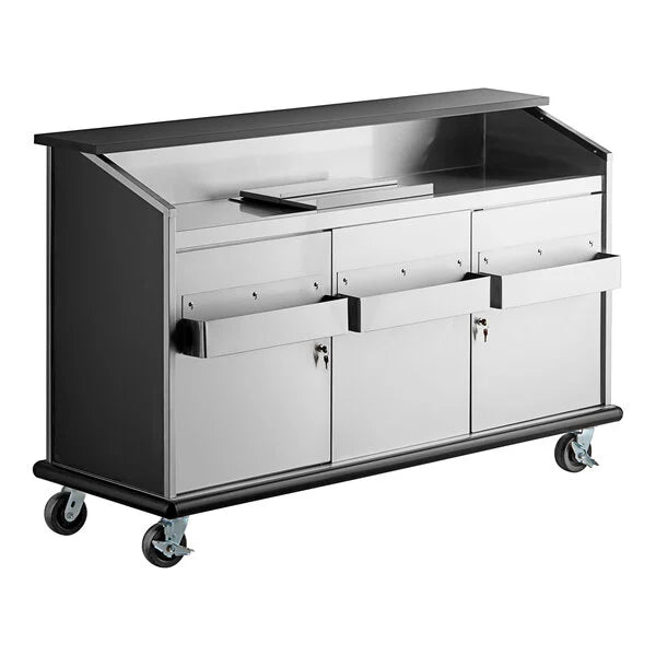Stainless steel rolling cart with multiple drawers and doors on a white background
