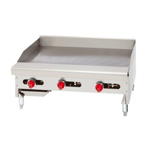 Stainless steel griddle with three red control knobs on a white background