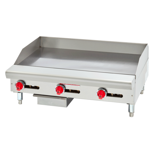 Stainless steel griddle with three red control knobs on a white background