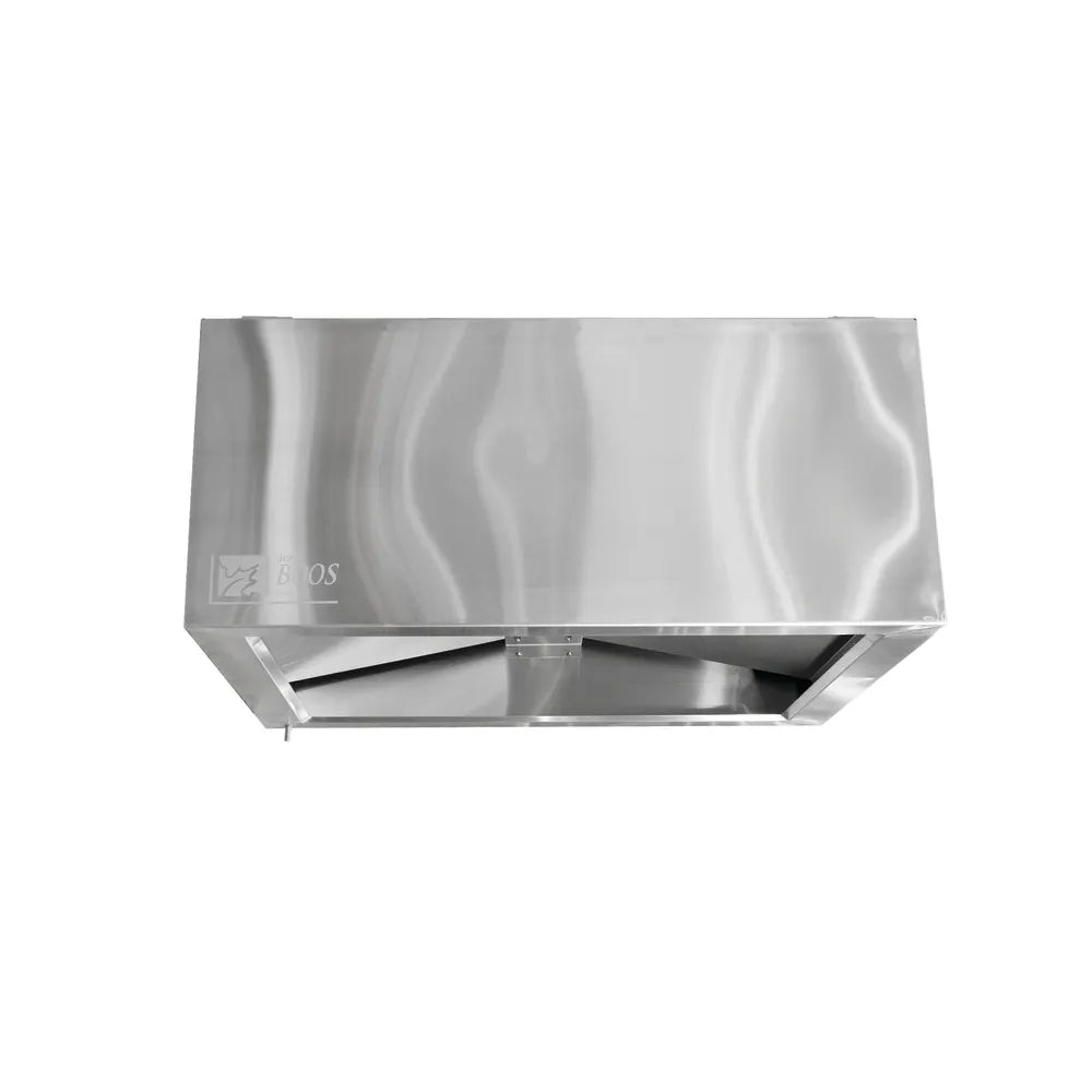 Stainless steel range hood on a white background