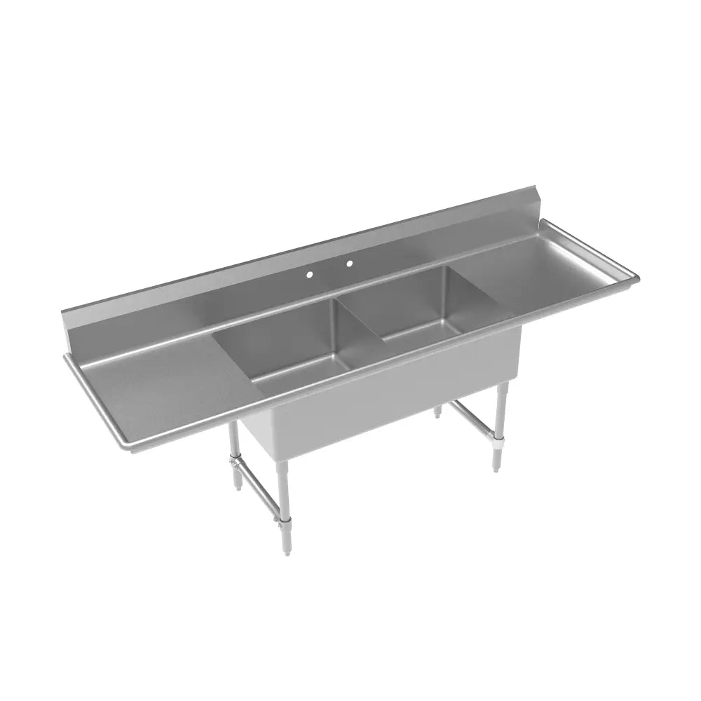 Stainless steel commercial kitchen sink with three compartments on a white background