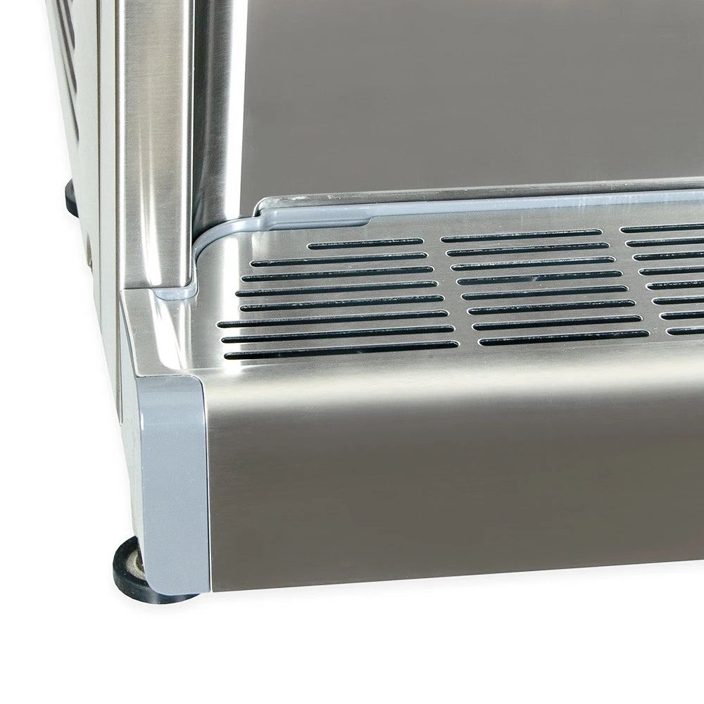Close-up of a metallic appliance with a vent on a white background