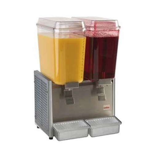 Two-compartment drink dispenser with orange and red liquids on a white background