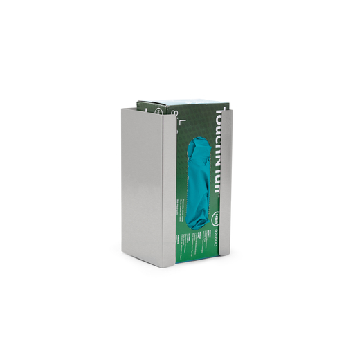 Box of blue gloves with a green label on a white background