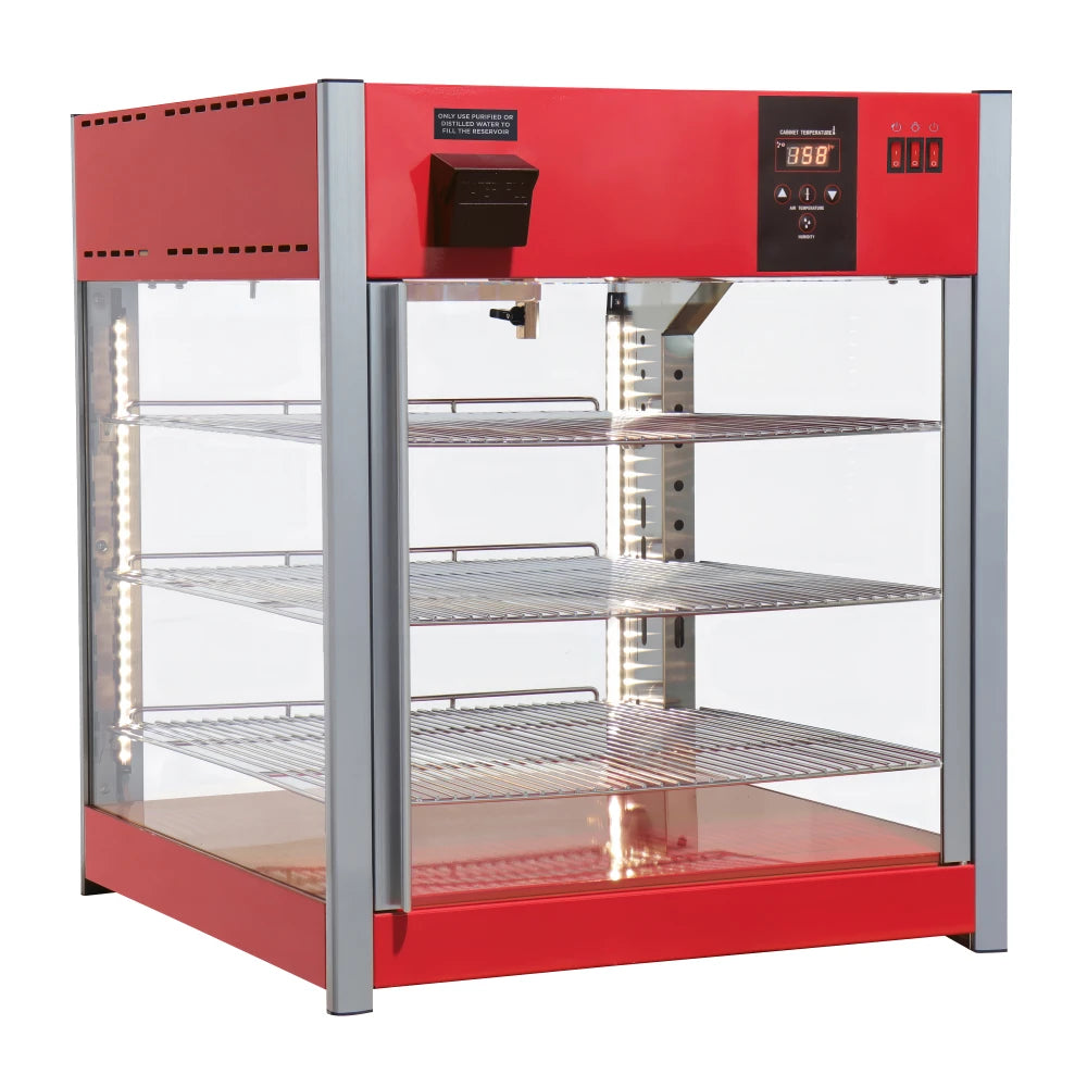 Red display case with glass front on a white background