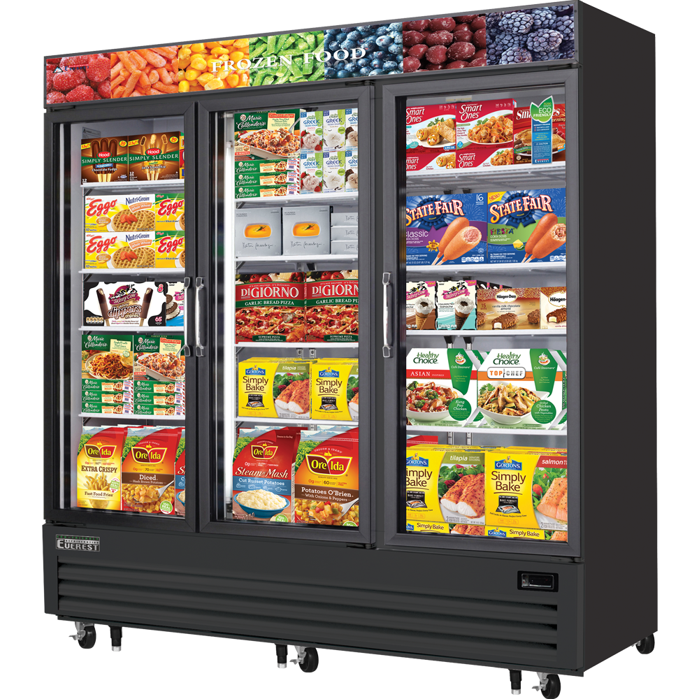 Everest EMGF69B 69 Cu. Ft. Three-Section Glass Door Merchandiser Freezer – Black Finish