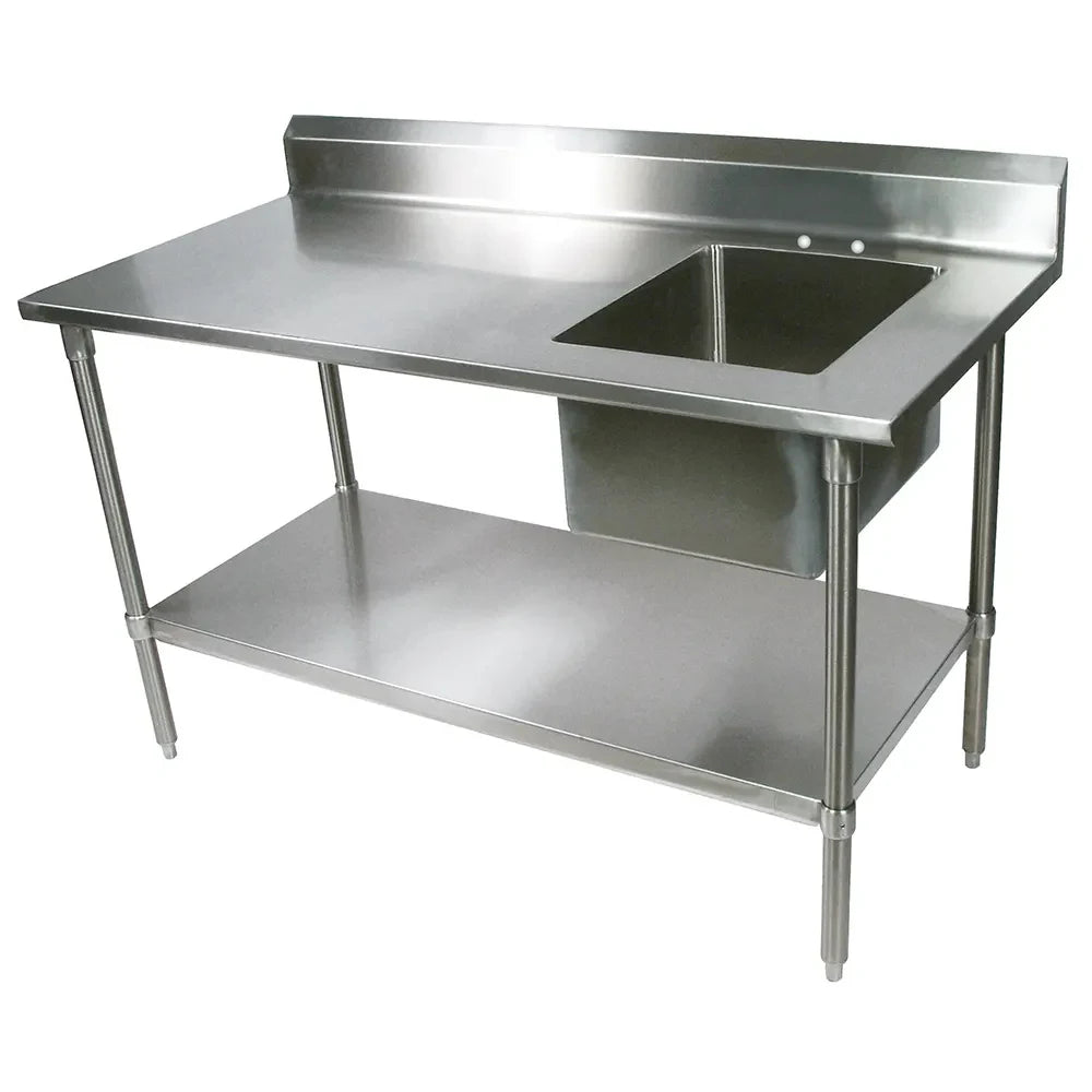Stainless steel kitchen workbench with sink on a white background