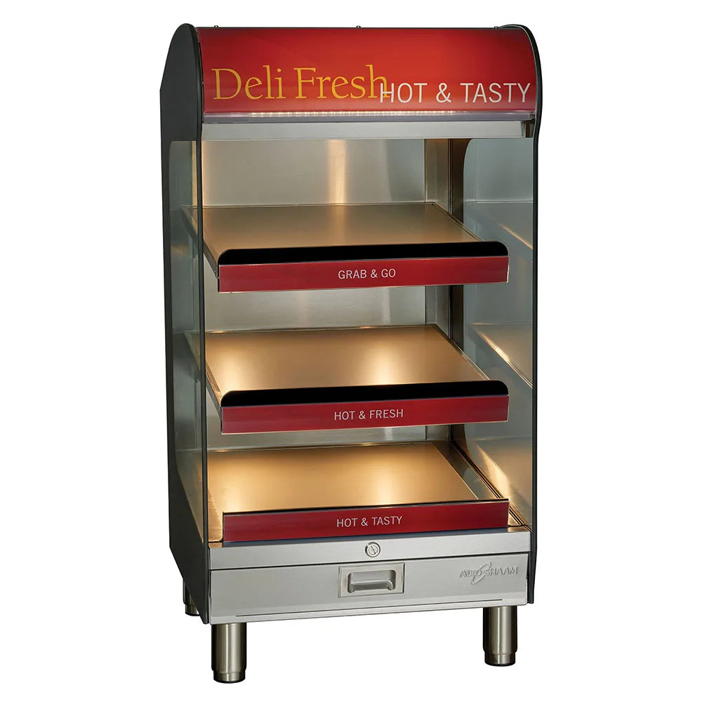 Deli Fresh display cooler with red and gold text on a white background