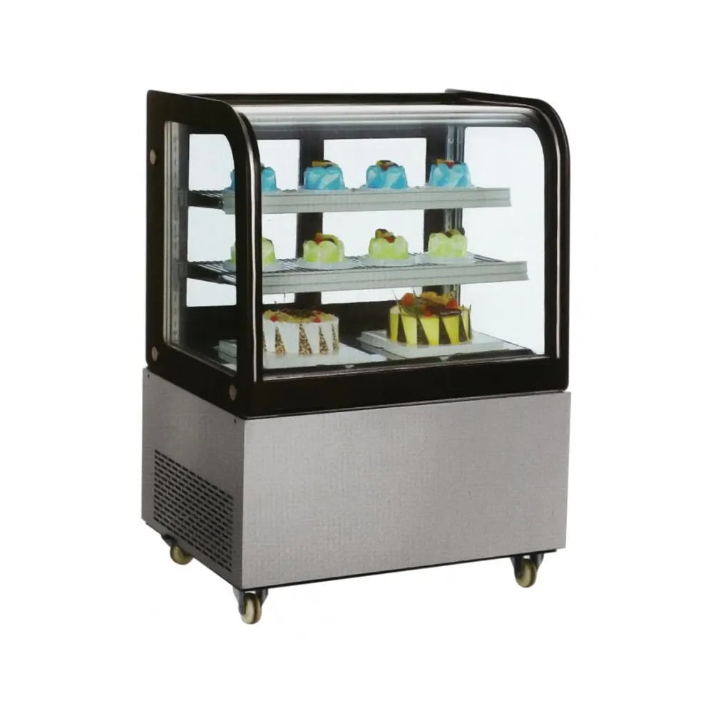 Omcan USA 40519 47.25" W x 26.6"D x 50"H Stainless Steel Floor Model Curved Glass Refrigerated Display Case - 110 Volts 1-Ph