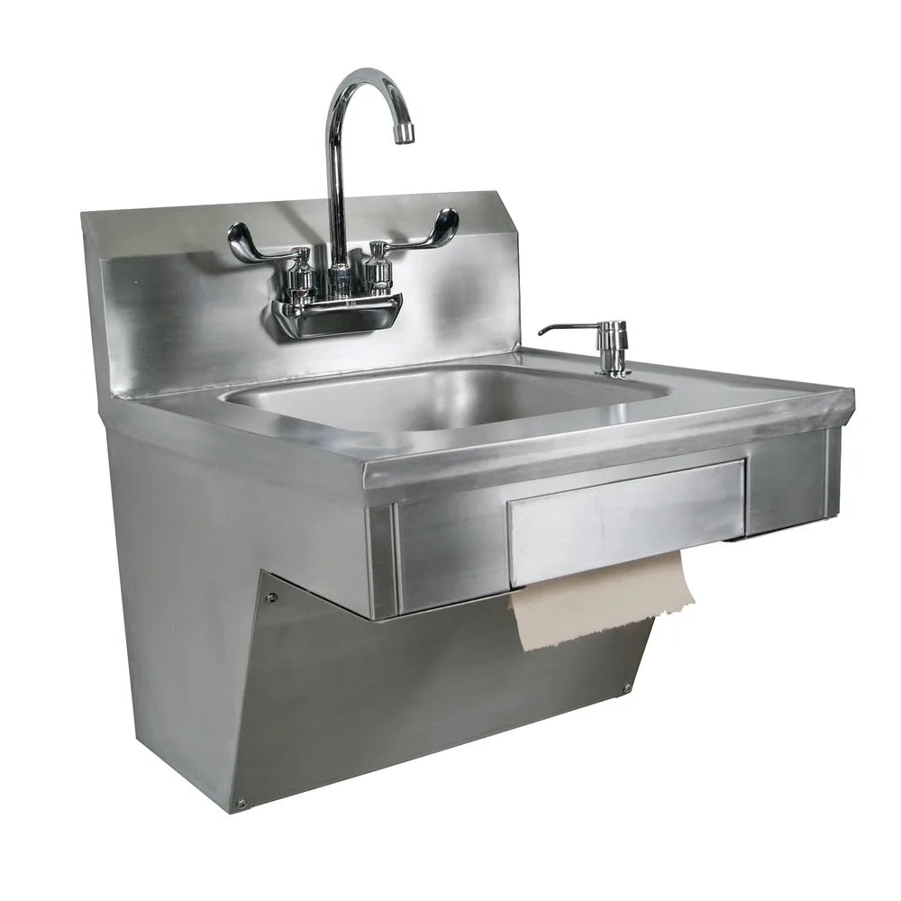 Stainless steel sink with faucet and paper towel holder on a white background