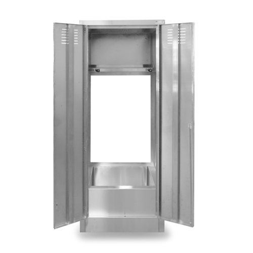 Metallic storage locker with open doors on a white background