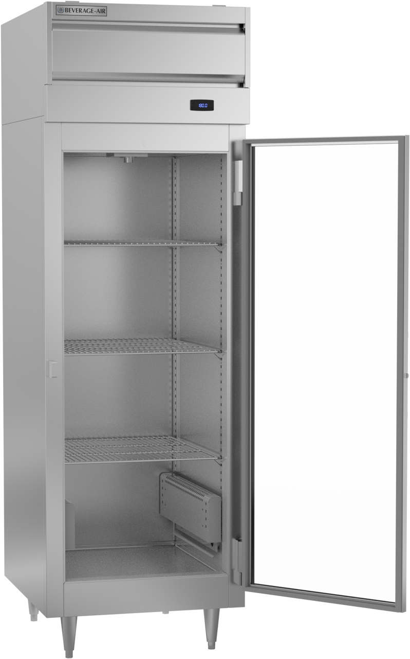 Stainless steel refrigerator with open door on a white background