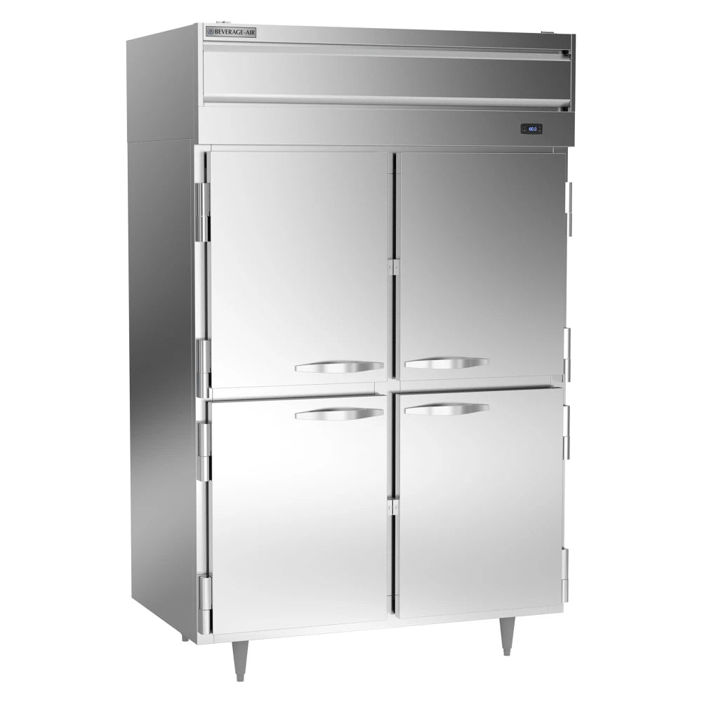 Stainless steel commercial refrigerator with four doors on a white background