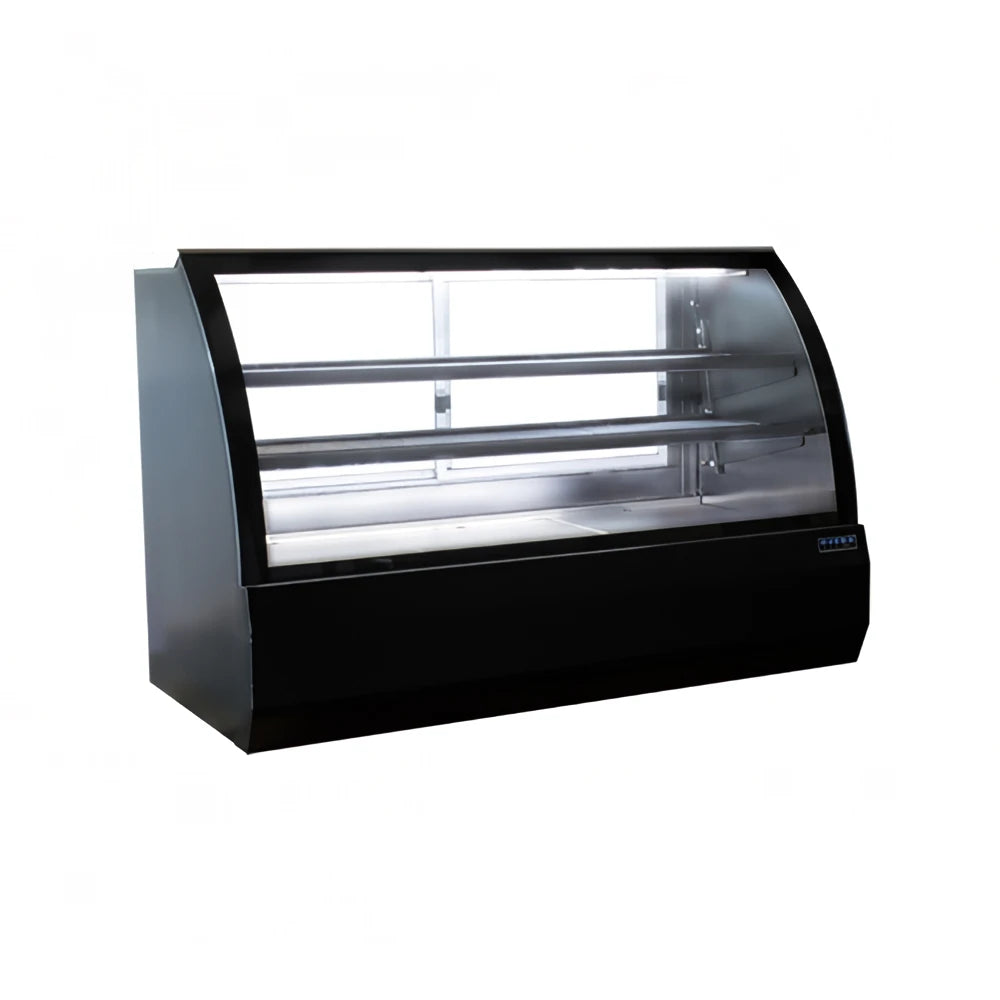 Black display case with curved glass on a white background
