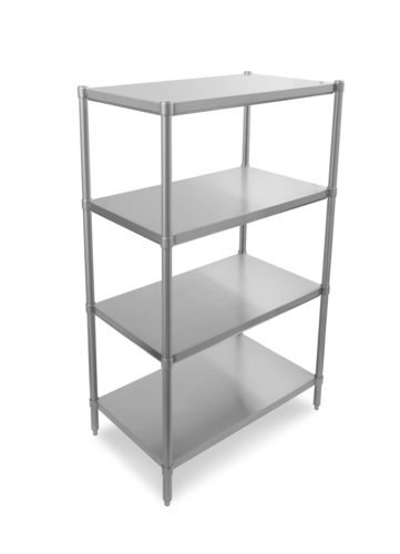 Metal shelving unit with four shelves on a white background