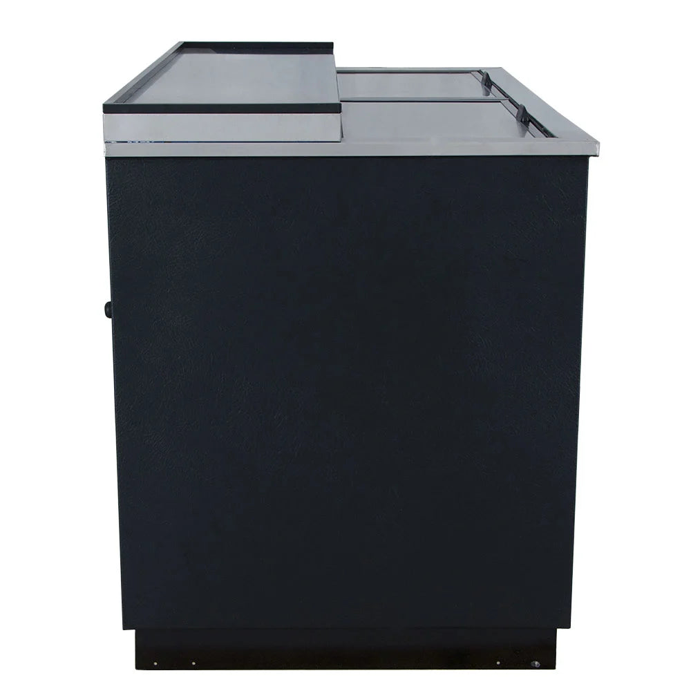 Black metal cabinet with glass top on a white background