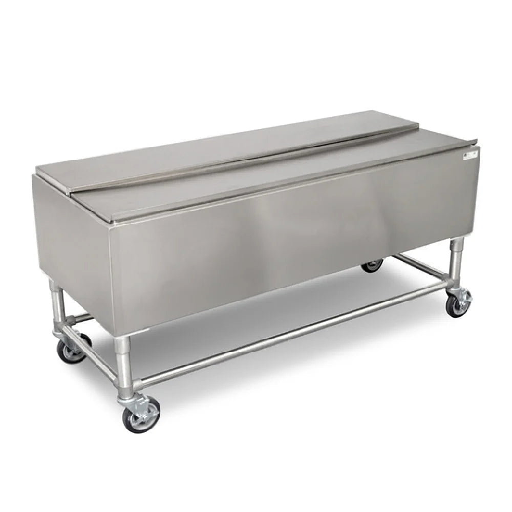 Stainless steel freezer on wheels with a white background