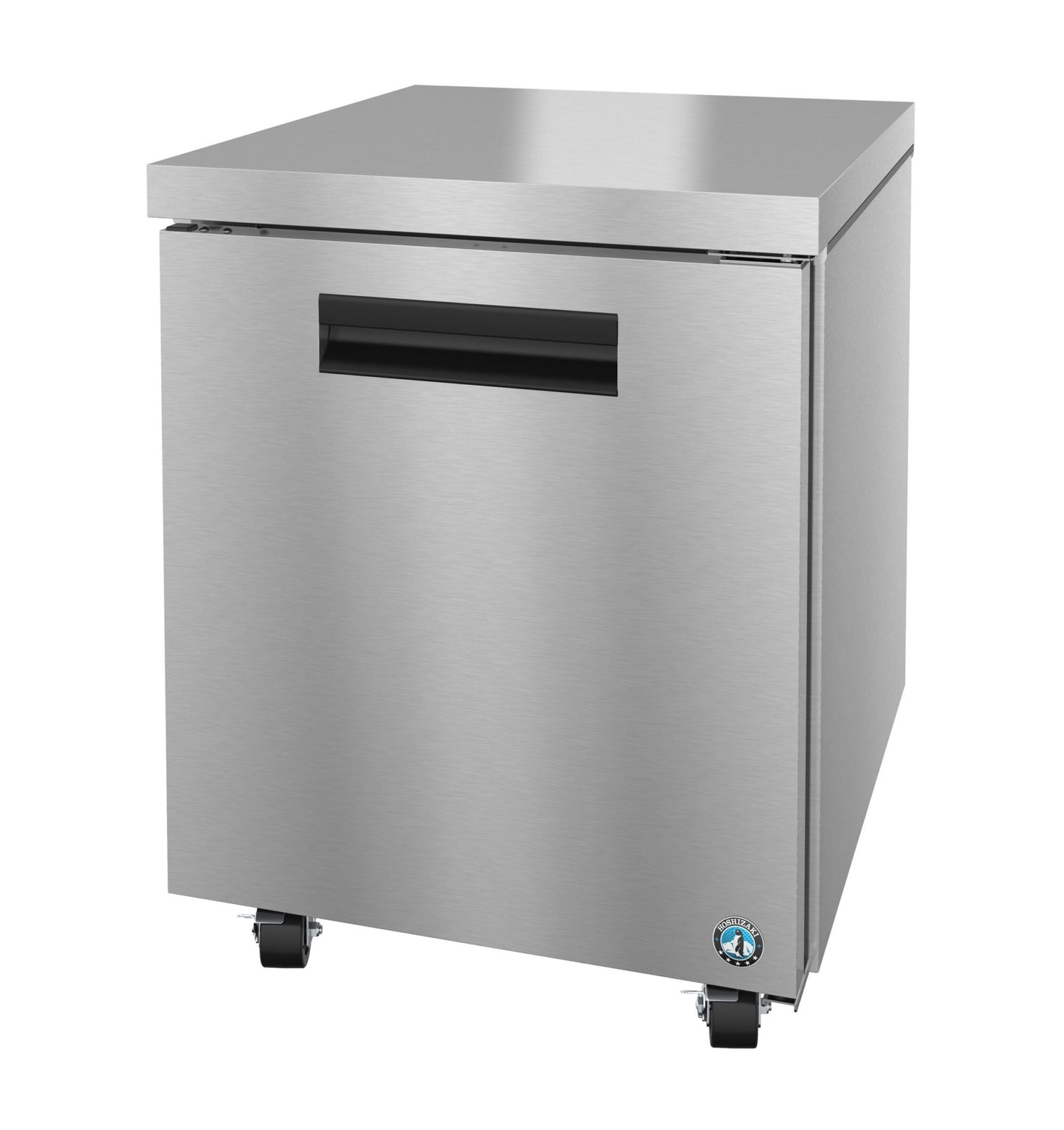 Stainless steel undercounter refrigerator on a white background
