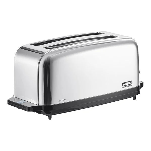 Silver toaster with Waring logo on a white background
