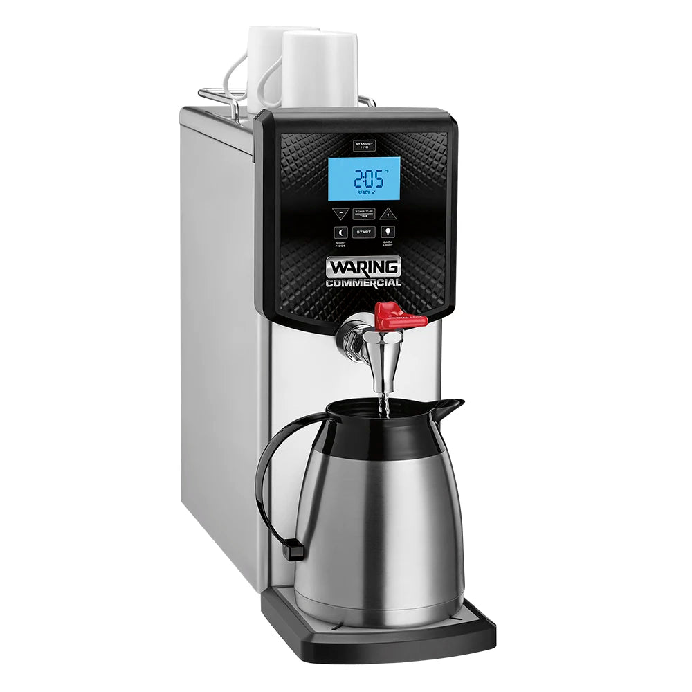 Waring commercial coffee machine with digital display on a white background