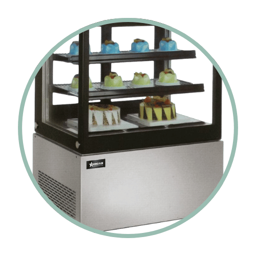 a bakery display case with products inside