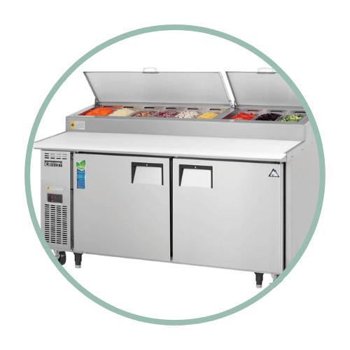 a commercial refrigerated pizza prep table