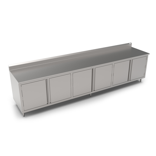 Long stainless steel counter with cabinets on a white background
