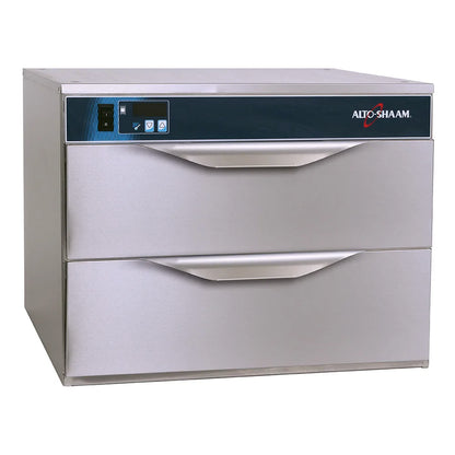 Stainless steel undercounter freezer with digital display on a white background