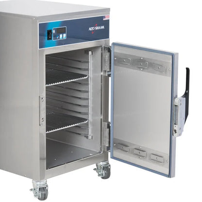 Stainless steel incubator with open door on a white background