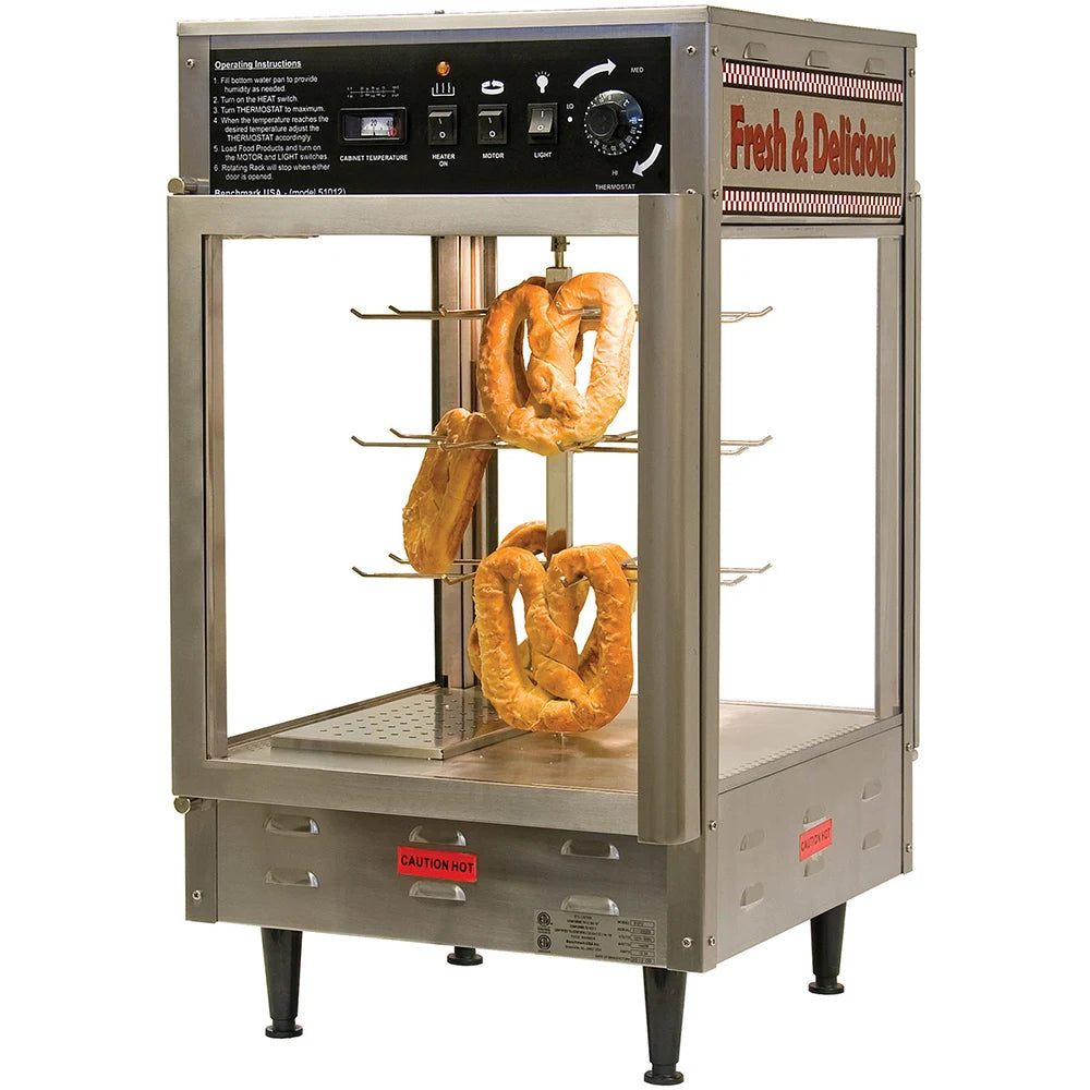 Pretzel warmer with pretzels inside, labeled 'Fresh & Delicious' on a white background.
