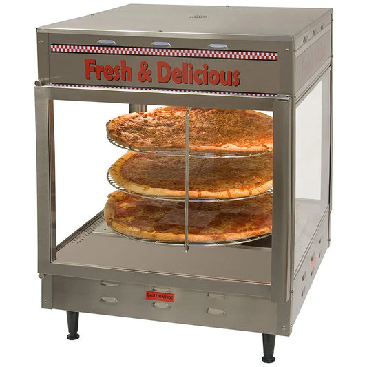 Pizza display case with 'Fresh & Delicious' sign and three pizzas inside.