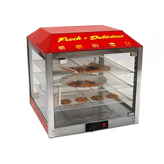 Red display case with 'Fresh & Delicious' text, showing pastries inside on a white background