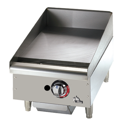 Stainless steel griddle with control knob on a white background