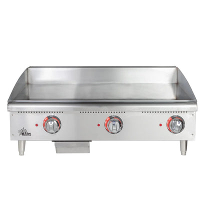 Stainless steel griddle with control knobs on a white background