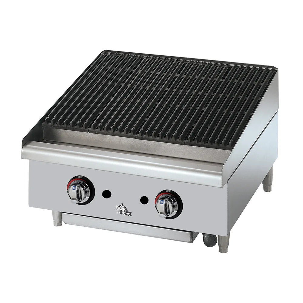 Stainless steel grill with black grates on a white background
