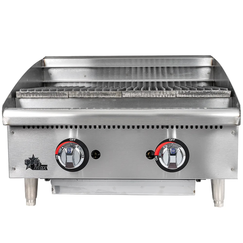 Stainless steel commercial grill with two control knobs on a white background