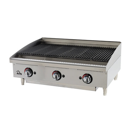 Stainless steel griddle with three control knobs on a white background