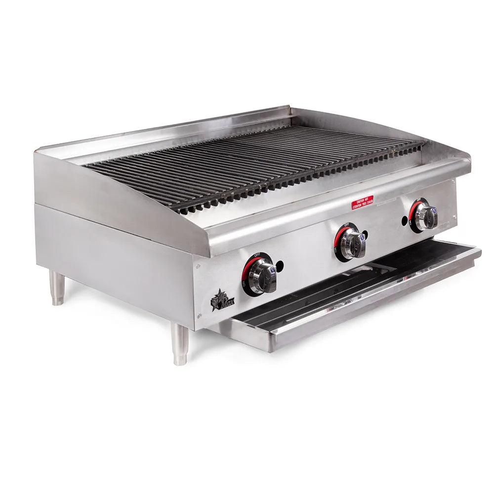 Stainless steel commercial grill with three control knobs on a white background