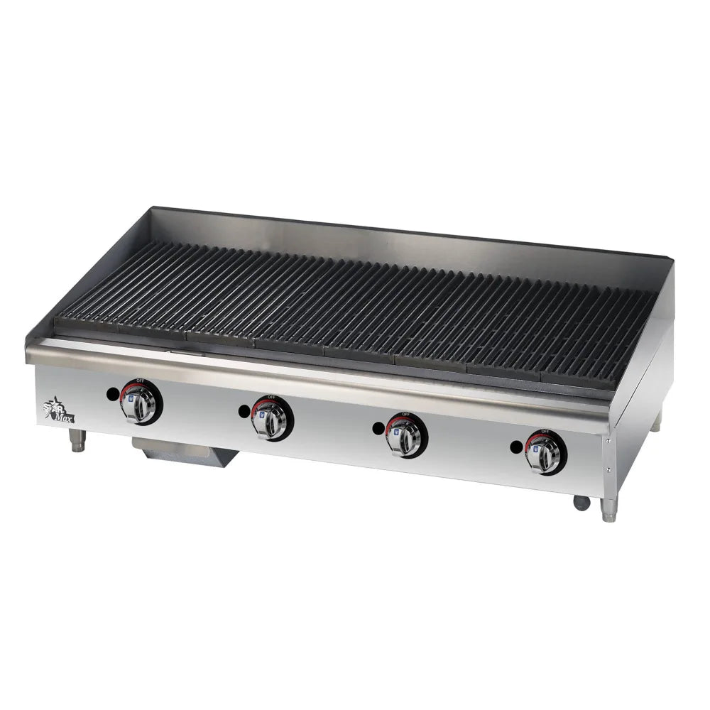 Stainless steel griddle with control knobs on a white background