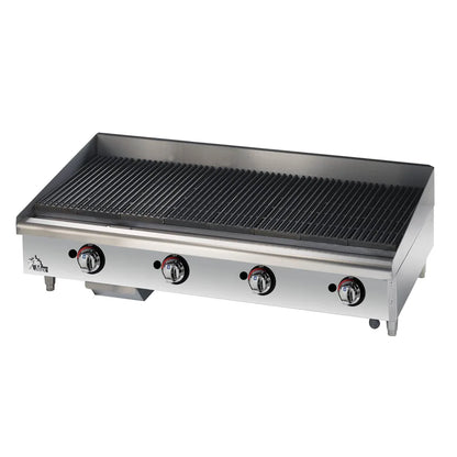Stainless steel griddle with control knobs on a white background