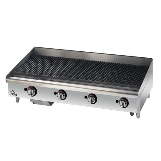 Stainless steel griddle with control knobs on a white background
