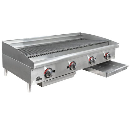 Stainless steel griddle with three control knobs on a white background