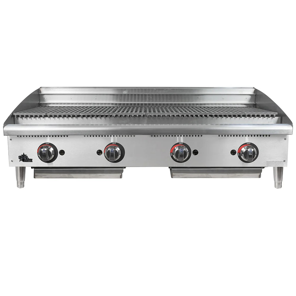 Stainless steel griddle with four control knobs on a white background