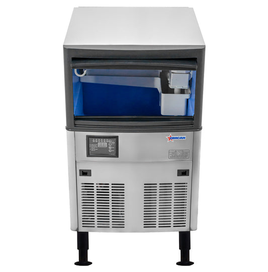 Ice machine with a blue bin on a white background