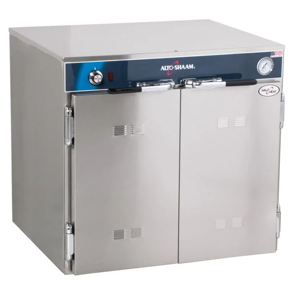 Stainless steel oven with blue top section featuring 'Alto-Shaam' branding on a white background.