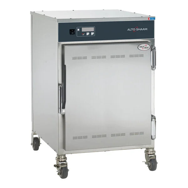 Stainless steel commercial kitchen appliance with Alto Shaam logo on a white background